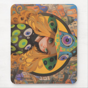 Kawaii Witch & Eyeball Hat in Fantasy City Mouse Pad