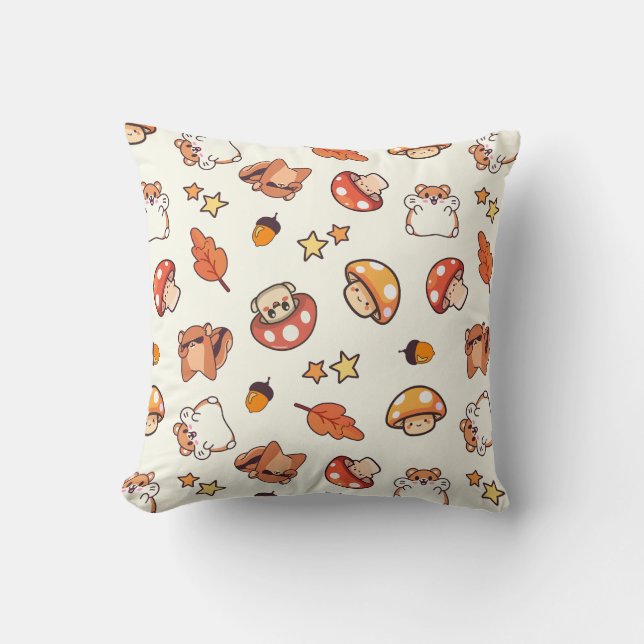 Kawaii Woodland Animals and Mushrooms Pattern Cushion (Front)