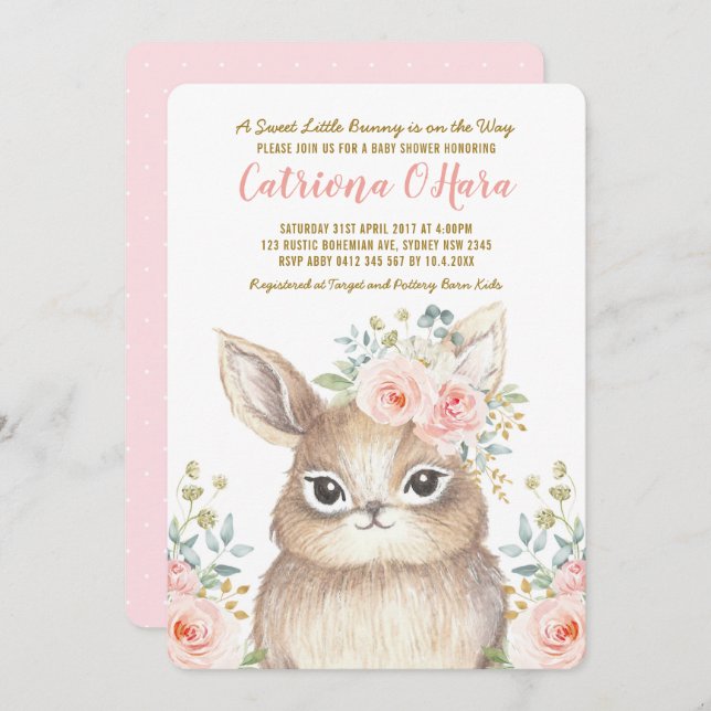 Kawaii Woodland Bunny Pink Floral Girl Baby Shower Invitation (Front/Back)