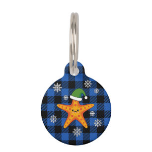 Kawaii Xmas Starfish on Blue Buffalo Add Name Pet Tag