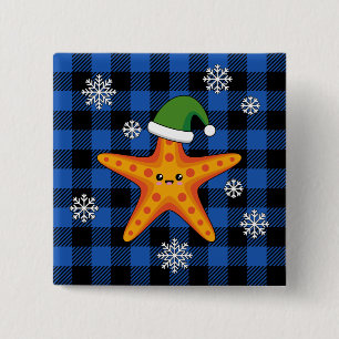 Kawaii Xmas Starfish on Blue Buffalo Pattern 15 Cm Square Badge