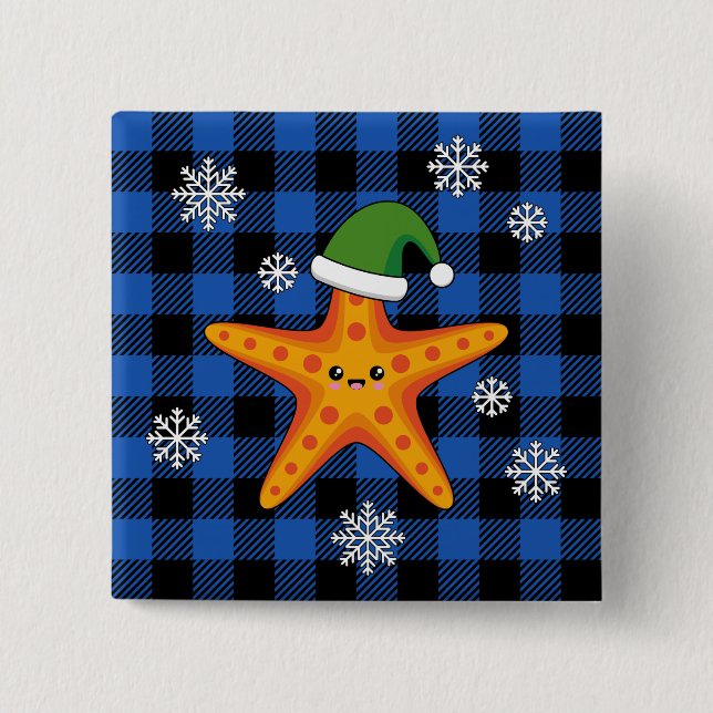 Kawaii Xmas Starfish on Blue Buffalo Pattern 15 Cm Square Badge (Front)