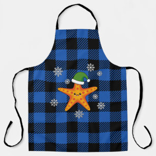 Kawaii Xmas Starfish on Blue Buffalo Pattern Apron