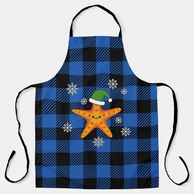 Kawaii Xmas Starfish on Blue Buffalo Pattern Apron (Front)