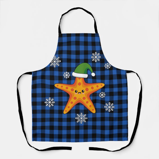 Kawaii Xmas Starfish on Blue Buffalo Pattern Apron (Front)