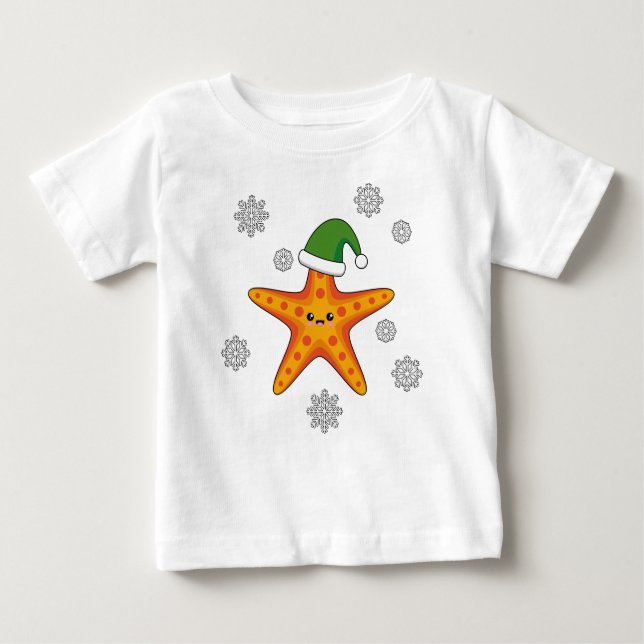 Kawaii Xmas Starfish on Blue Buffalo Pattern Baby T-Shirt (Front)