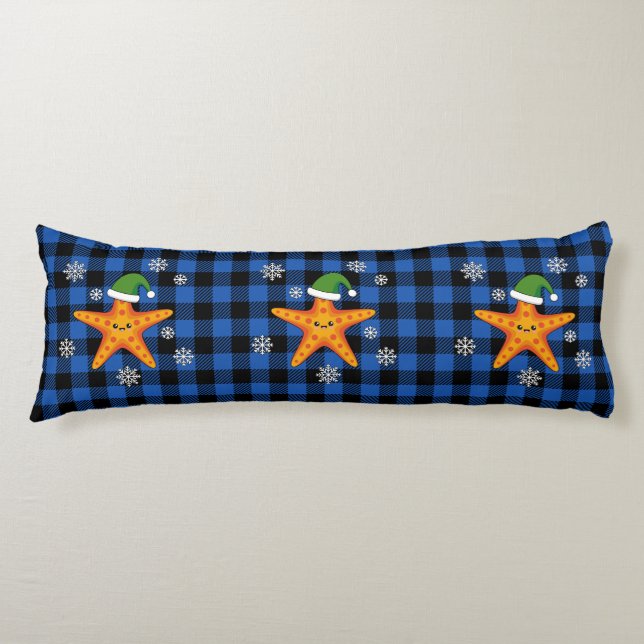Kawaii Xmas Starfish on Blue Buffalo Pattern Body Cushion (Front)