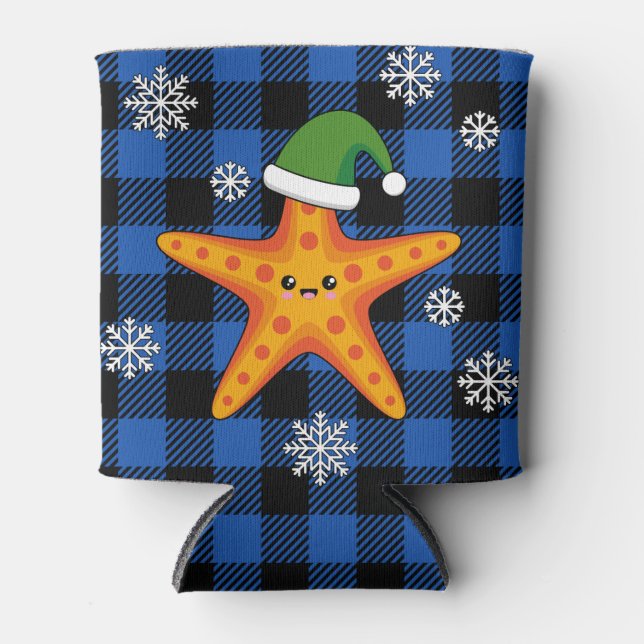 Kawaii Xmas Starfish on Blue Buffalo Pattern Can Cooler (Front)