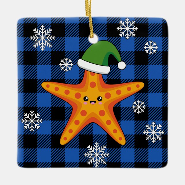 Kawaii Xmas Starfish on Blue Buffalo Pattern Ceramic Ornament (Front)