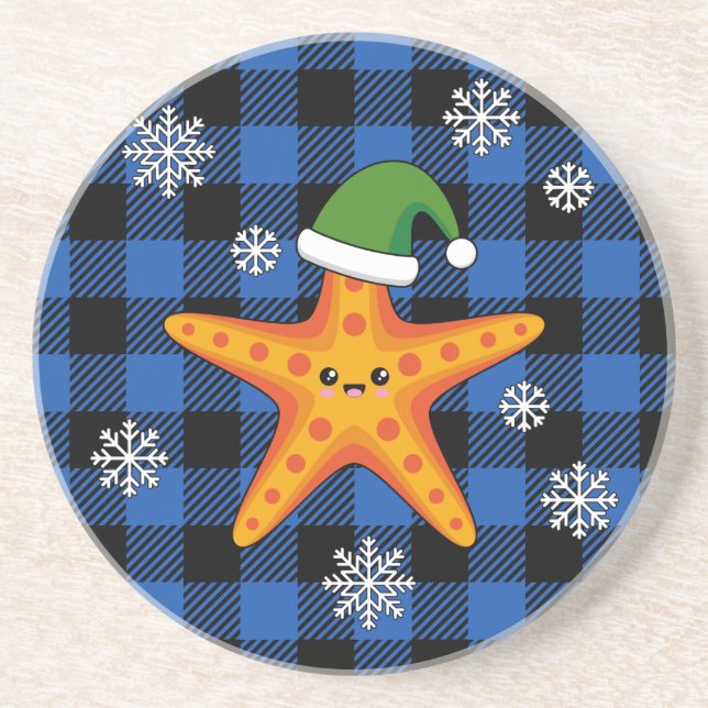 Kawaii Xmas Starfish on Blue Buffalo Pattern Coaster (Front)