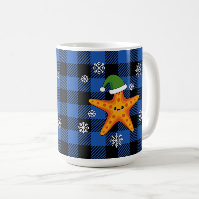 Kawaii Xmas Starfish on Blue Buffalo Pattern Coffee Mug (Front Right)