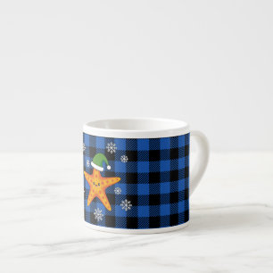 Kawaii Xmas Starfish on Blue Buffalo Pattern Espresso Cup