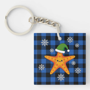 Kawaii Xmas Starfish on Blue Buffalo Pattern Key Ring