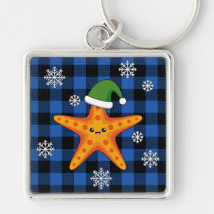 Kawaii Xmas Starfish on Blue Buffalo Pattern Key Ring