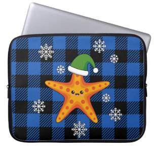 Kawaii Xmas Starfish on Blue Buffalo Pattern Laptop Sleeve