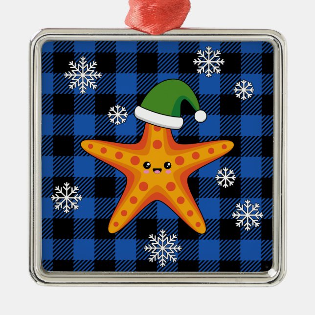 Kawaii Xmas Starfish on Blue Buffalo Pattern Metal Ornament (Front)