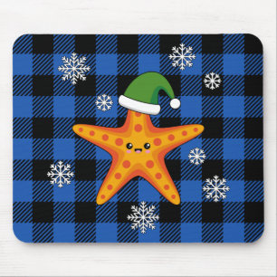 Kawaii Xmas Starfish on Blue Buffalo Pattern Mouse Pad