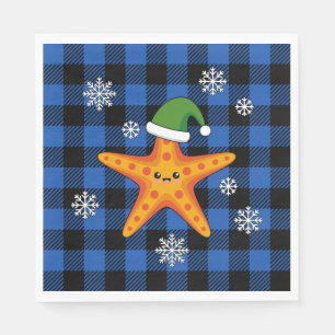 Kawaii Xmas Starfish on Blue Buffalo Pattern Napkin