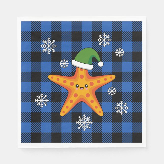 Kawaii Xmas Starfish on Blue Buffalo Pattern Napkin (Front)