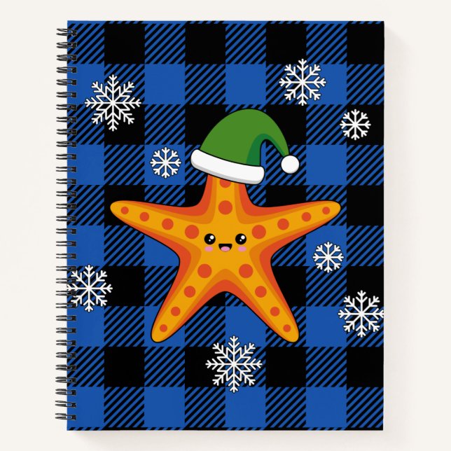 Kawaii Xmas Starfish on Blue Buffalo Pattern Notebook (Front)