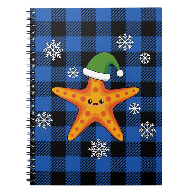 Kawaii Xmas Starfish on Blue Buffalo Pattern Notebook (Front)