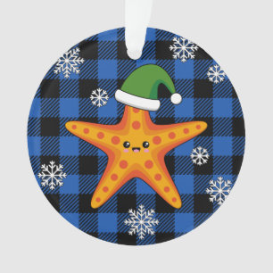 Kawaii Xmas Starfish on Blue Buffalo Pattern Ornament