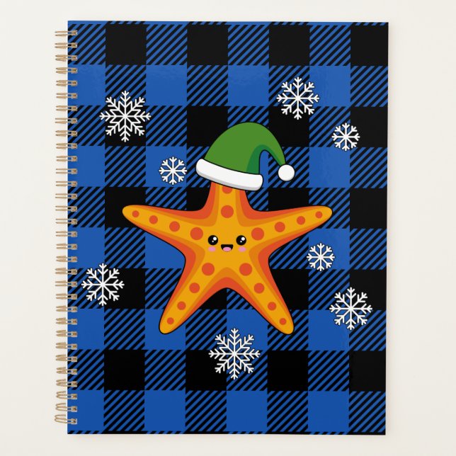 Kawaii Xmas Starfish on Blue Buffalo Pattern Planner (Front)