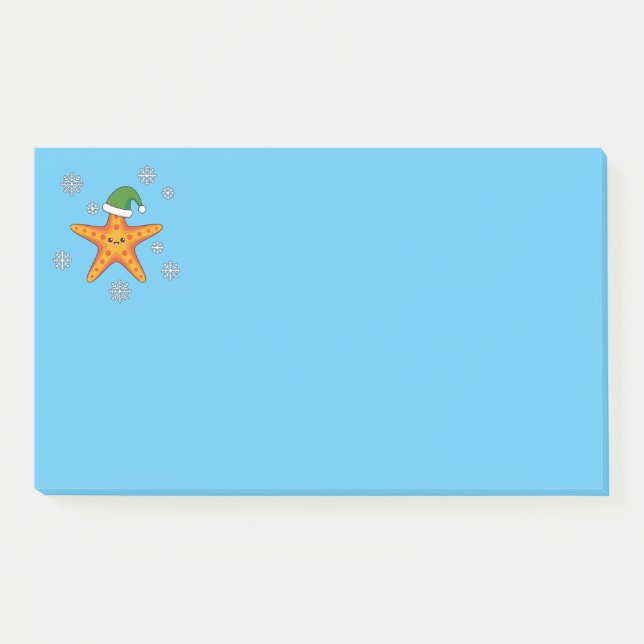 Kawaii Xmas Starfish on Blue Buffalo Pattern Post-it Notes (Front)