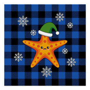 Kawaii Xmas Starfish on Blue Buffalo Pattern Poster