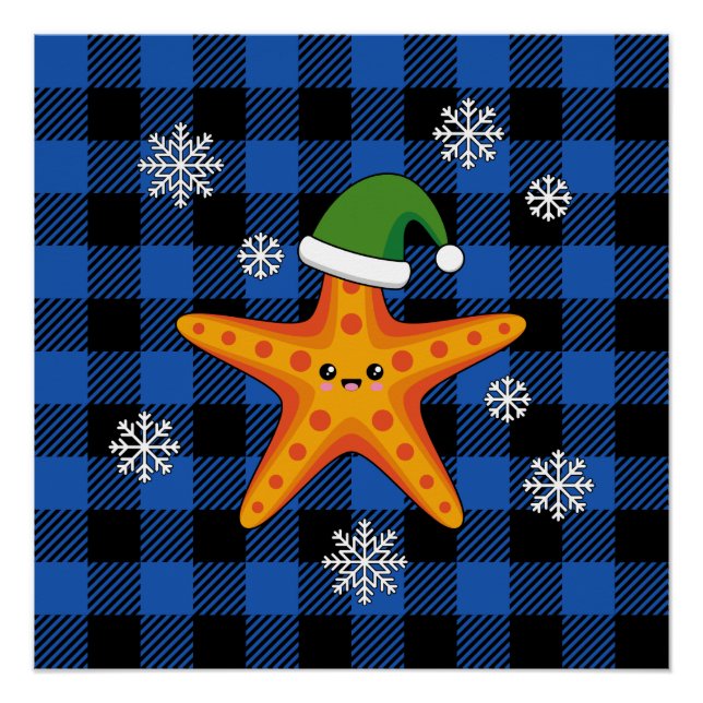 Kawaii Xmas Starfish on Blue Buffalo Pattern Poster (Front)
