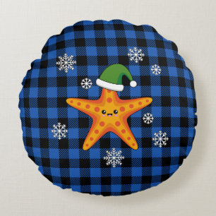 Kawaii Xmas Starfish on Blue Buffalo Pattern Round Cushion