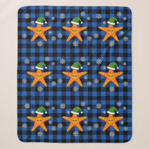 Kawaii Xmas Starfish on Blue Buffalo Pattern Sherpa Blanket