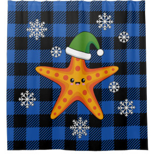 Kawaii Xmas Starfish on Blue Buffalo Pattern Shower Curtain