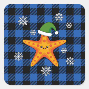 Kawaii Xmas Starfish on Blue Buffalo Pattern Square Sticker