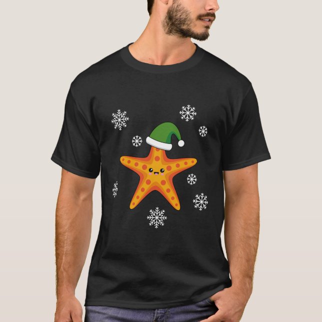 Kawaii Xmas Starfish on Blue Buffalo Pattern T-Shirt (Front)