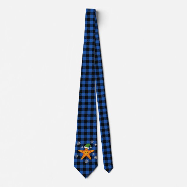 Kawaii Xmas Starfish on Blue Buffalo Pattern Tie (Front)