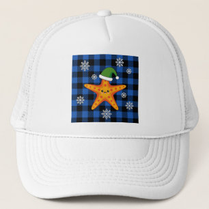 Kawaii Xmas Starfish on Blue Buffalo Pattern Trucker Hat
