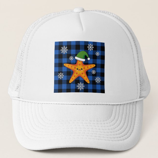 Kawaii Xmas Starfish on Blue Buffalo Pattern Trucker Hat (Front)