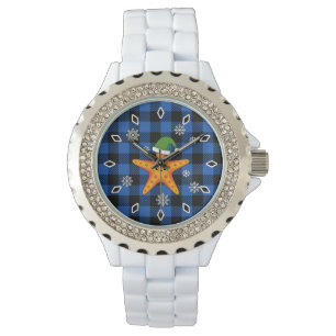 Kawaii Xmas Starfish on Blue Buffalo Pattern Watch