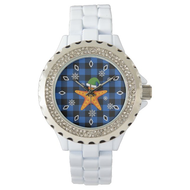 Kawaii Xmas Starfish on Blue Buffalo Pattern Watch (Front)