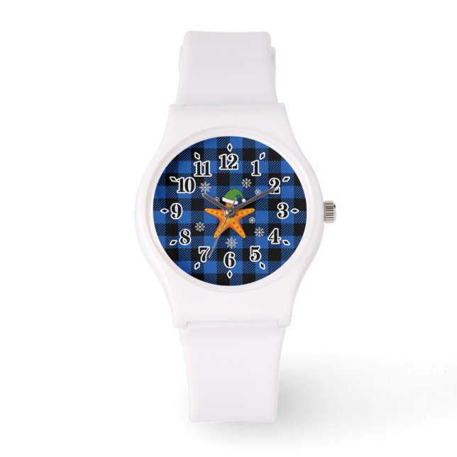 Kawaii Xmas Starfish on Blue Buffalo Pattern Watch (Front)