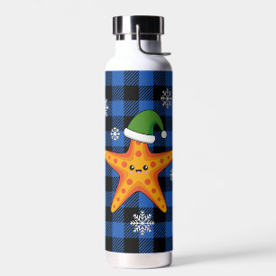 Kawaii Xmas Starfish on Blue Buffalo Pattern Water Bottle