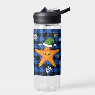Kawaii Xmas Starfish on Blue Buffalo Pattern Water Bottle