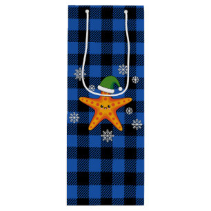 Kawaii Xmas Starfish on Blue Buffalo Pattern Wine Gift Bag