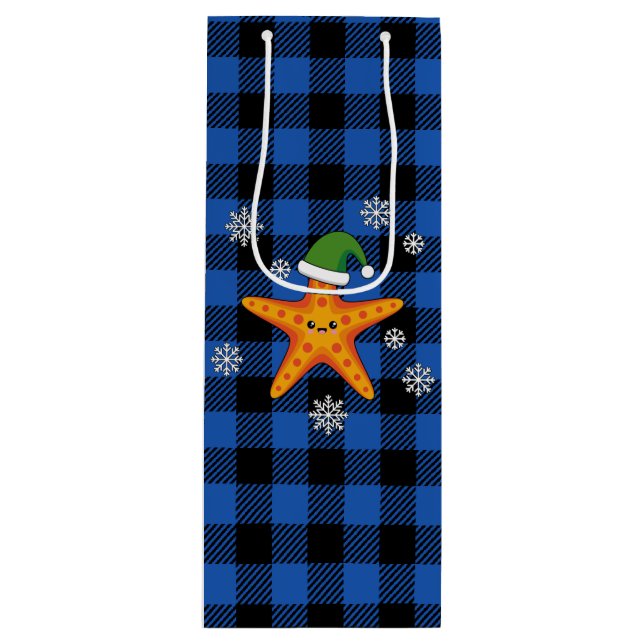 Kawaii Xmas Starfish on Blue Buffalo Pattern Wine Gift Bag (Front)