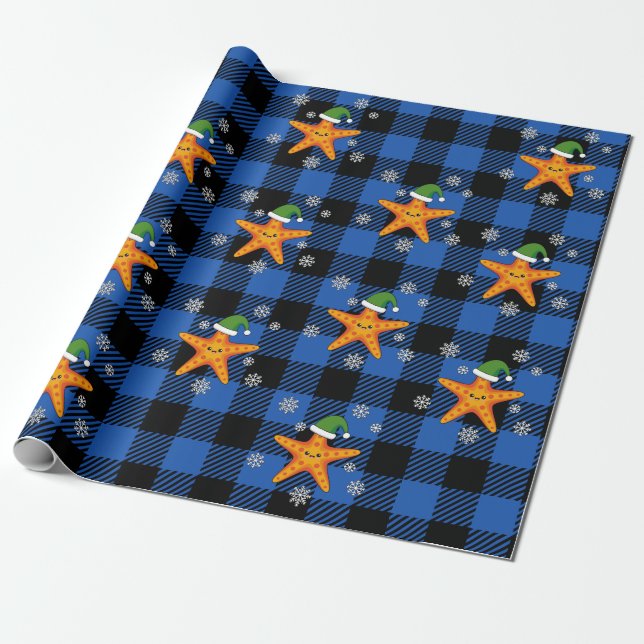Kawaii Xmas Starfish on Blue Buffalo Pattern Wrapping Paper (Unrolled)