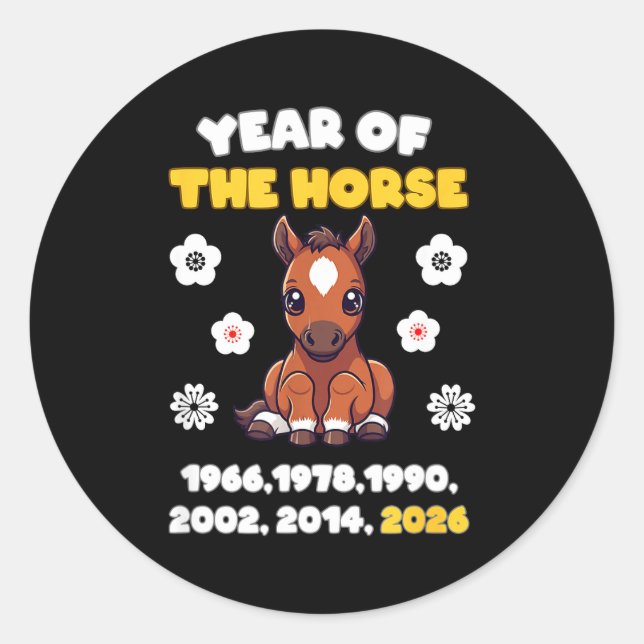 Kawaii Year Of Horse Chinese Zodiac 2026 Animal  Classic Round Sticker (Front)