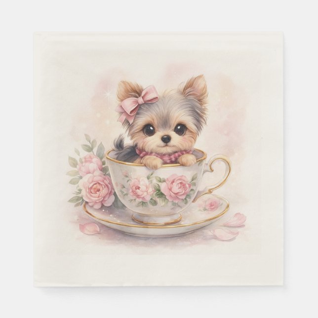 Kawaii Yorkie Teacup Birthday Napkins (Front)