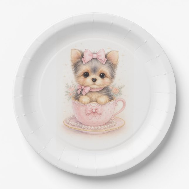 Kawaii Yorkie Teacup Birthday Paper Plate (Front)