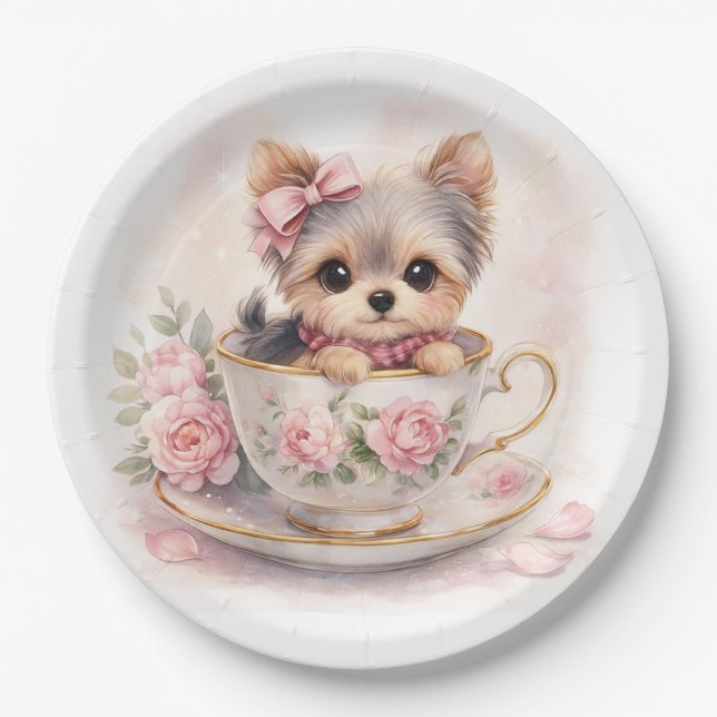 Kawaii Yorkie Teacup Birthday Paper Plates (Front)
